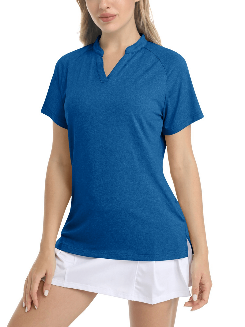 Women's blue v-neck sports t-shirt with short sleeves, perfect for casual and sporty looks, made from lightweight chiffon fabric.